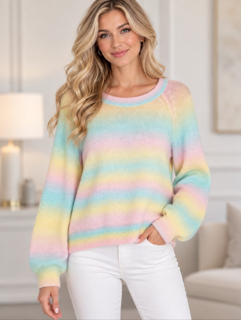 BB Dakota Pastel Rainbow Striped Wool Blend Lightweight Sweater